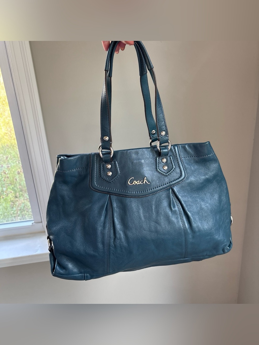 Coach Ashley Teal Leather Shoulder Bag with Silver Hardware